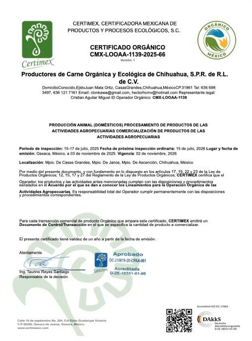 Organic livestock certification (CERTIMEX):  Audited organic management. Inspections and compliance. Traceability and documentary support.